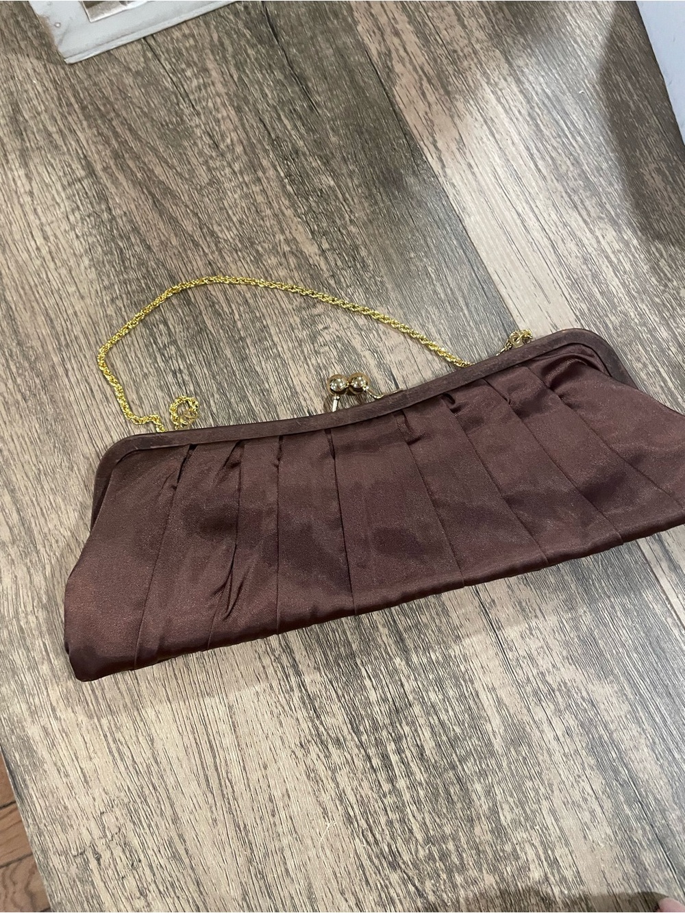 Cache Chocolate Brown Satin Pleated Wristlet with Gold Chain